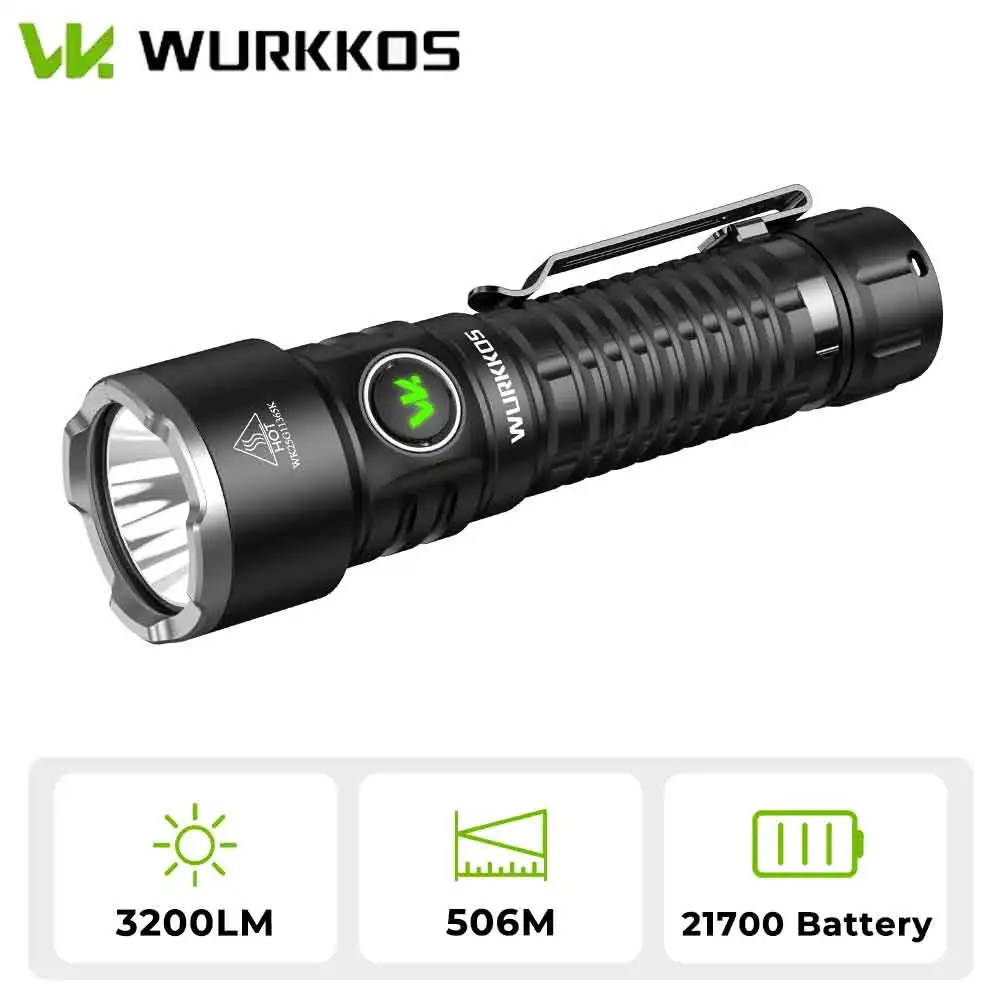 Wurkkos TS28 21700 Rechargeable Tactical Flashlight USB-C Port 3200LM Throw 506M Beam Distance IPX8 Waterproof Tail Switch