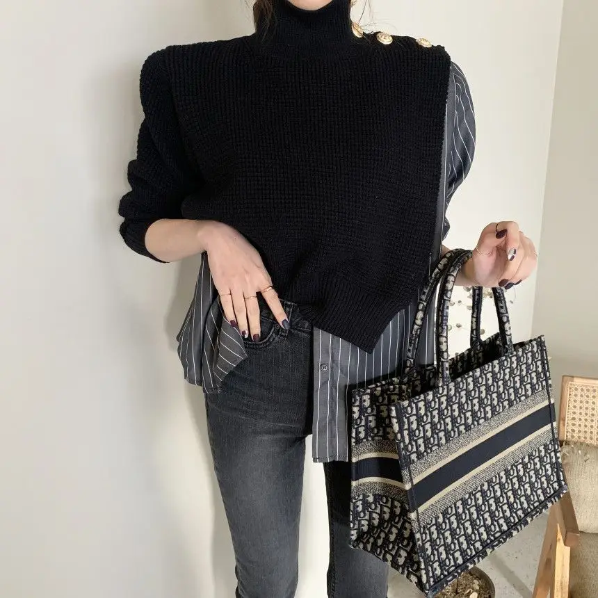 Spring Autumn Turtleneck Long Sleeve Sweater Women High Street Button Striped Patchwork Pullovers Elegant Cotton All-match Tops