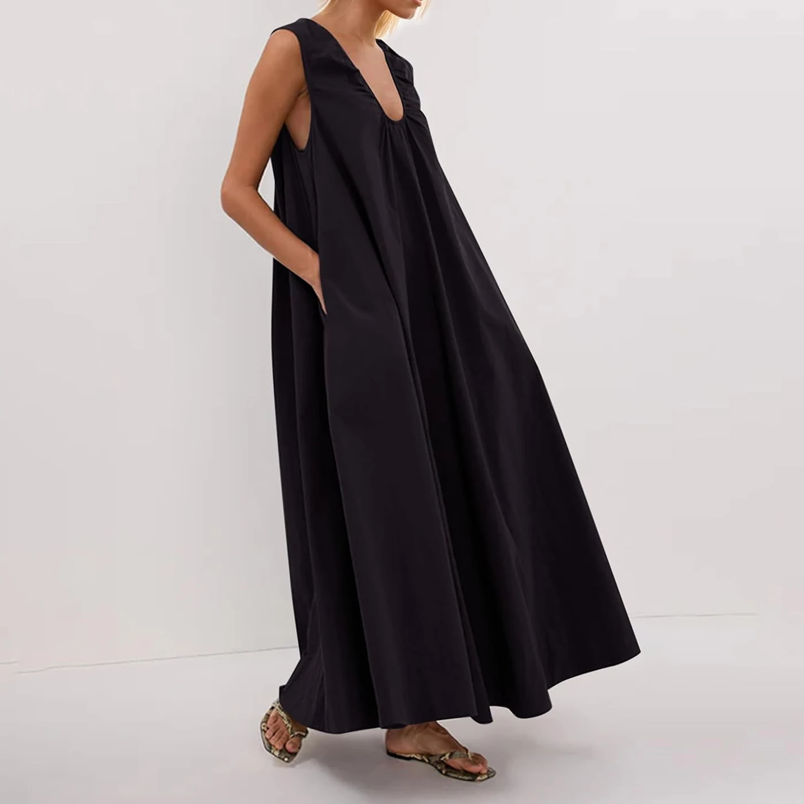 Nowa Modna Damska Letnia Długa Sukienka na Ramiączkach, Jednolity Kolor, Bez Rękawów, Dekolt Okrągły, Marszczenia, Szerokie Ramiona, Luźna Sukienka