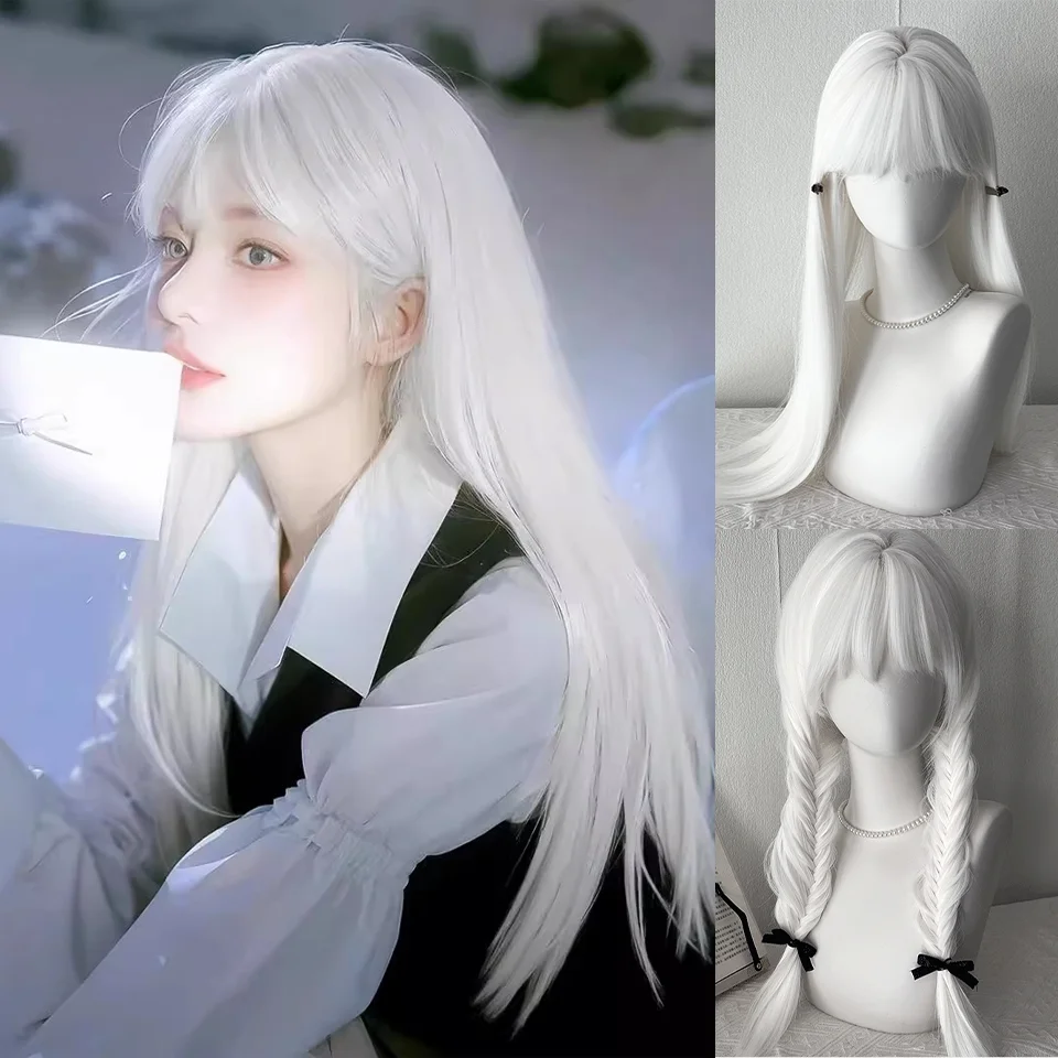 Peluca sintética larga lisa negra con flequillo para mujer, aspecto natural, para Halloween, cosplay y uso diario 5