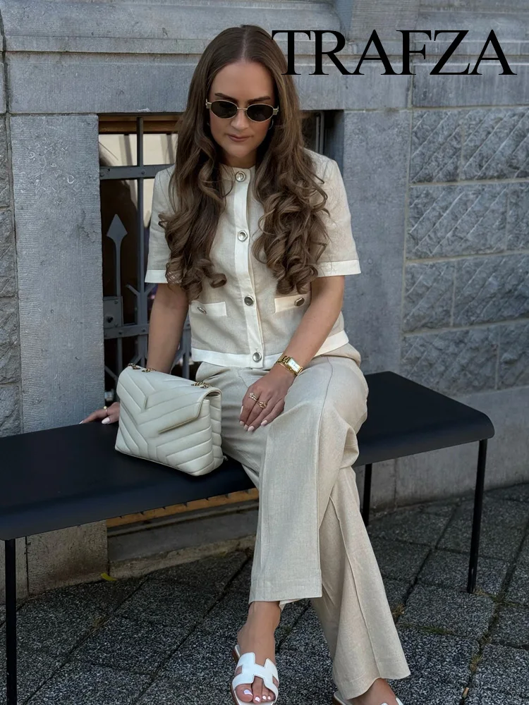

TRAFZA Women's New Fashion Pocket Round Neck Single-Breasted Linen Blend Short-Sleeved Blazer+Elegant Zipper Straight Pant Suit