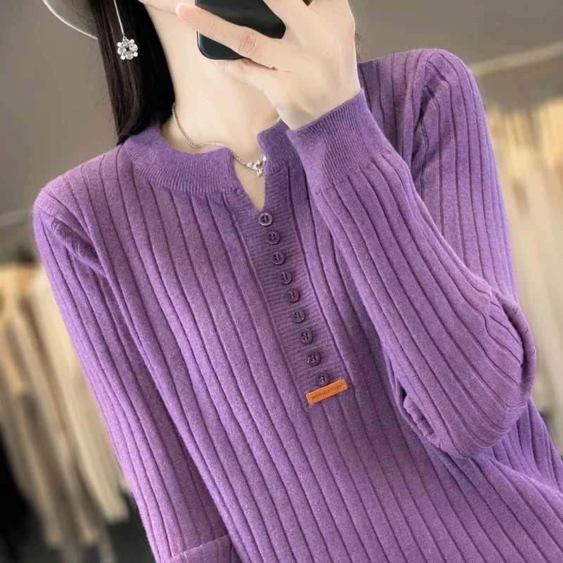 

Autumn Winter Women's Pullover Round Neck V-Neck Screw Thread Solid Button Long Sleeve Sweater Knitted Undershirt Casual Tops