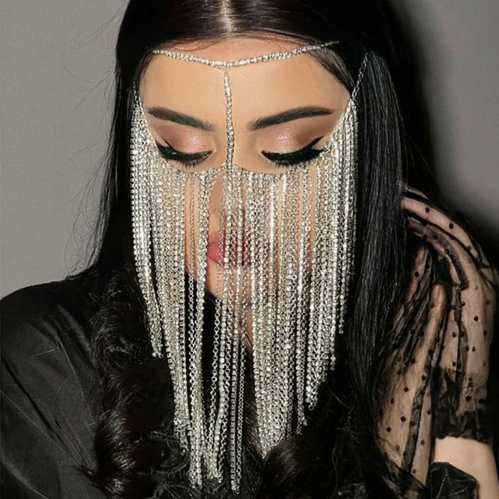 Fashion New Rave Crystal Rhinestone Handmade Face Tassel Mask for Women Sexy Hair Head Face Chain Accessory Jewelry Bellydancing