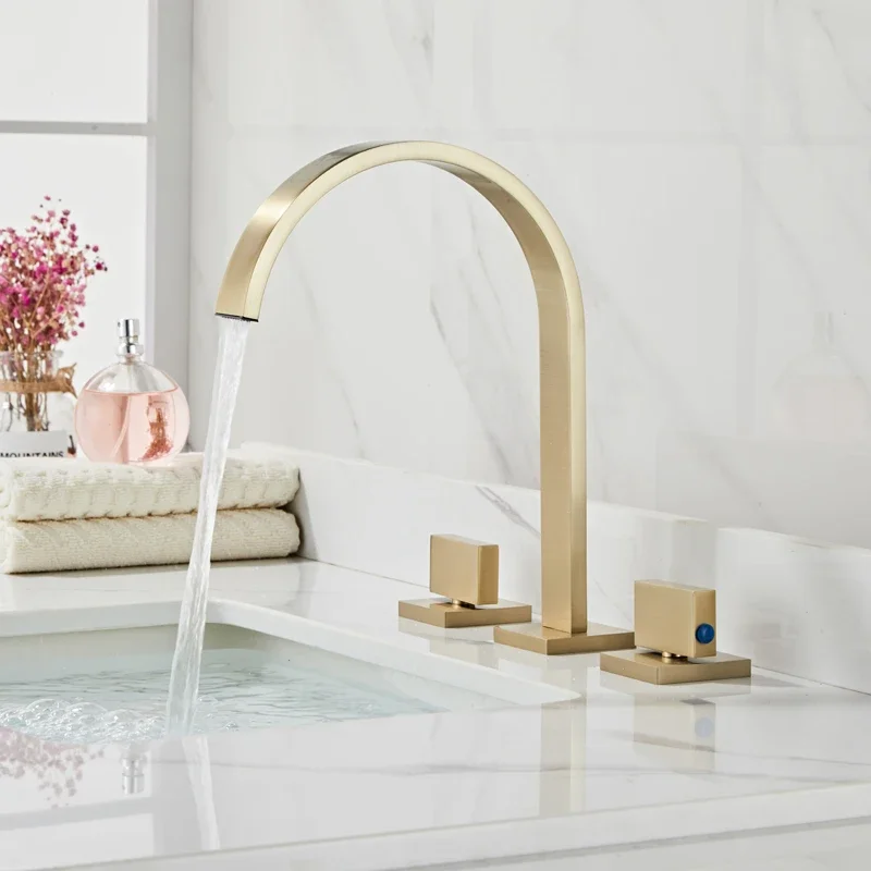 Basin Faucet Brushed Gold Sink Tap Gold Square Brass Bathroom Sink 3 Hole Double Handle Hot And Cold Water Tap