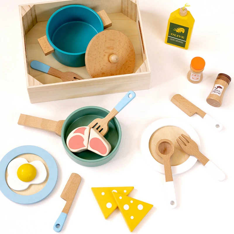 Lustige kinder Holz Geschirr Anzug Kreative Geschirr Spielen Haus Kochtopf Kochen Simulation Küche Spielzeug Geburtstag Geschenk