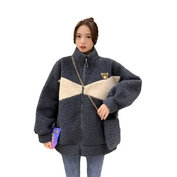 Zimní zesílená bunda s dlouhým rukávem z jehněčí kožešiny pro dámy, volný bavlněný kabát s medvědím vzorem, rozkošný design s barevnými bloky, nový, horký výprodej - náhled 5