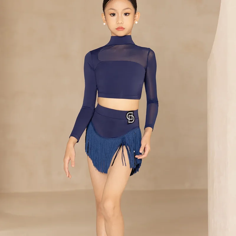 เด็กชุดเต้นรําละตินสีฟ้าแขนยาว Samba Line Dance เครื่องแต่งกาย Cha Cha ฝึกเต้นรําเสื้อผ้าพู่ชุดกระโปรงสําหรับสาว