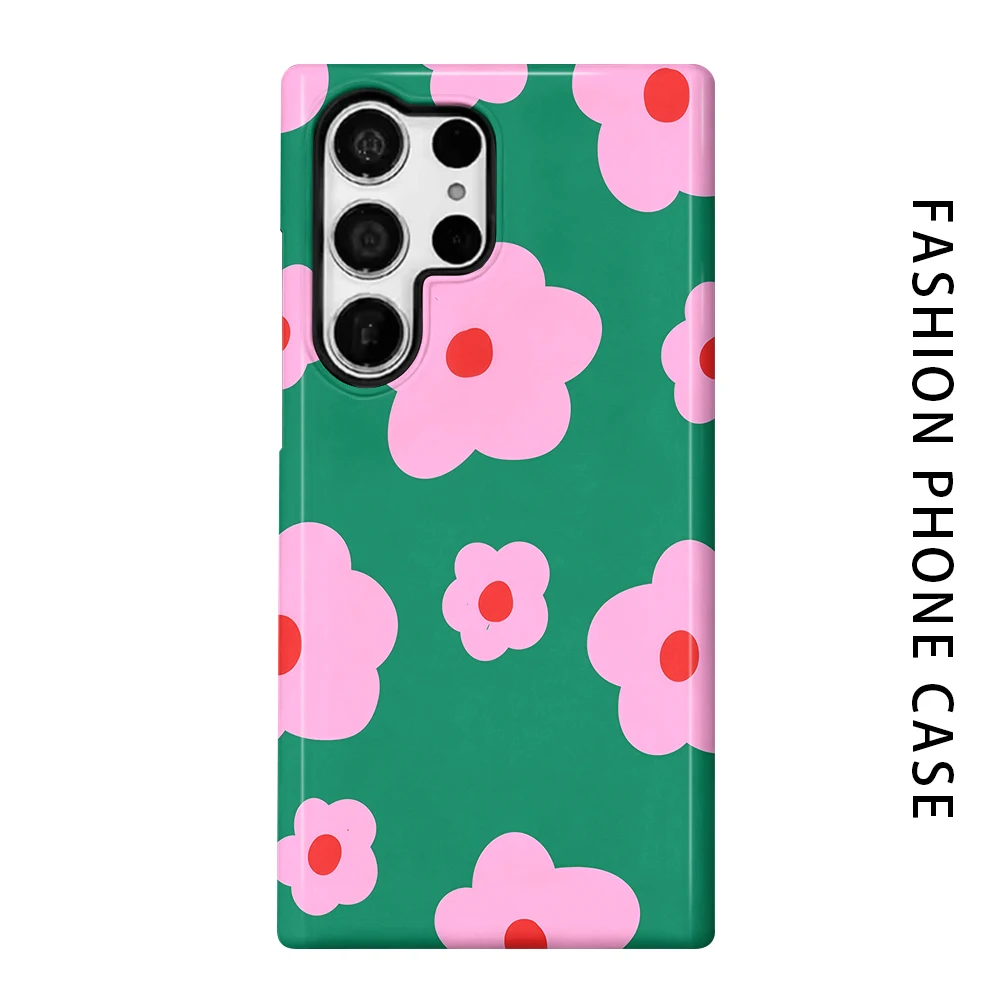 Green Pink Floral Phone Case for For Samsung Galaxy S26 S25 S24 S23 S20 FE A56 A36 Ultra Glossy HD Hard Cover Film Shell