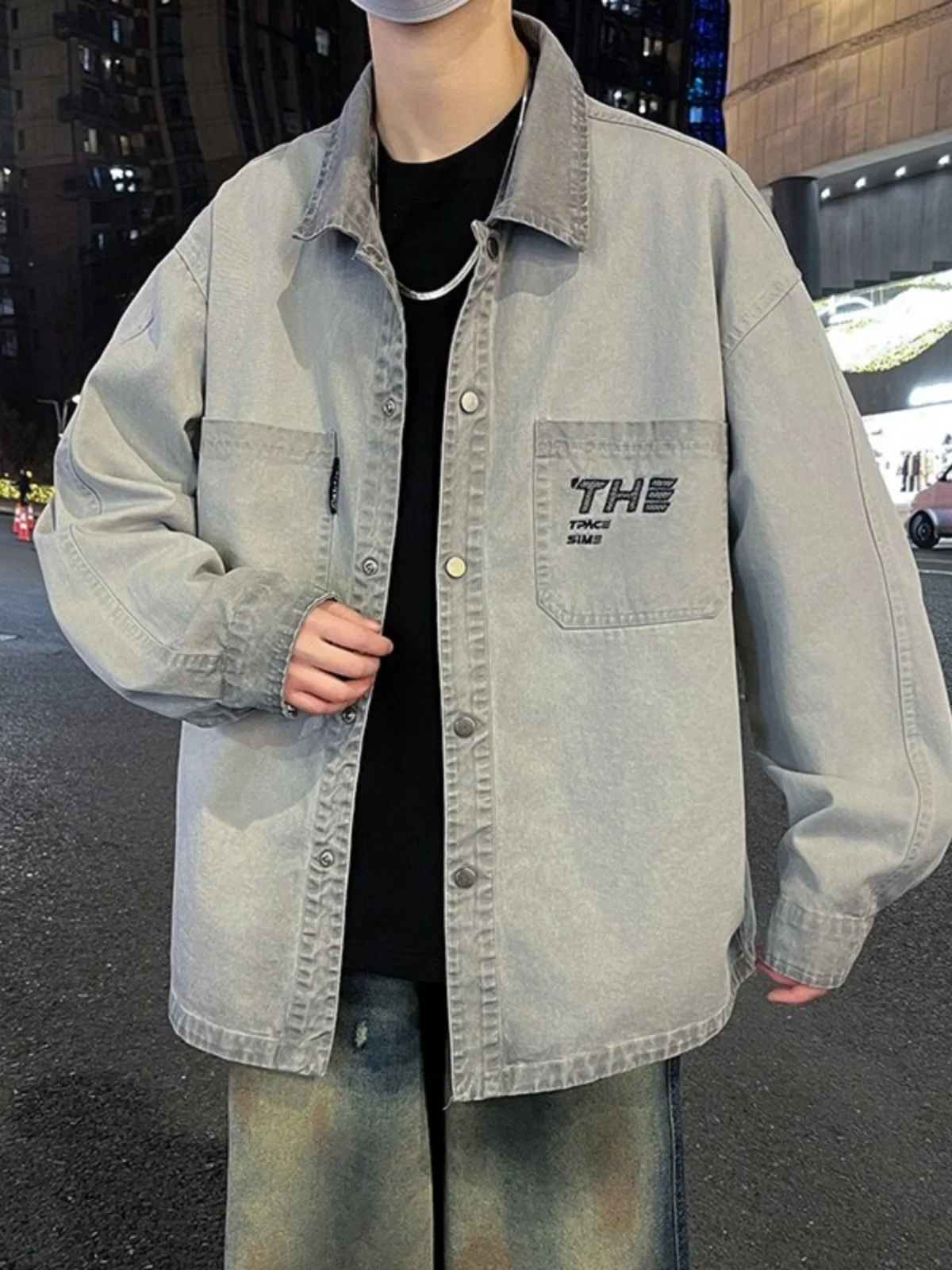 

Крутой джинсовый джинсовый джинт для мальчиков, весна-осень, новый американский ретро-рабочий джинт, молодежный модный воротник, свободный крой, хлопок...