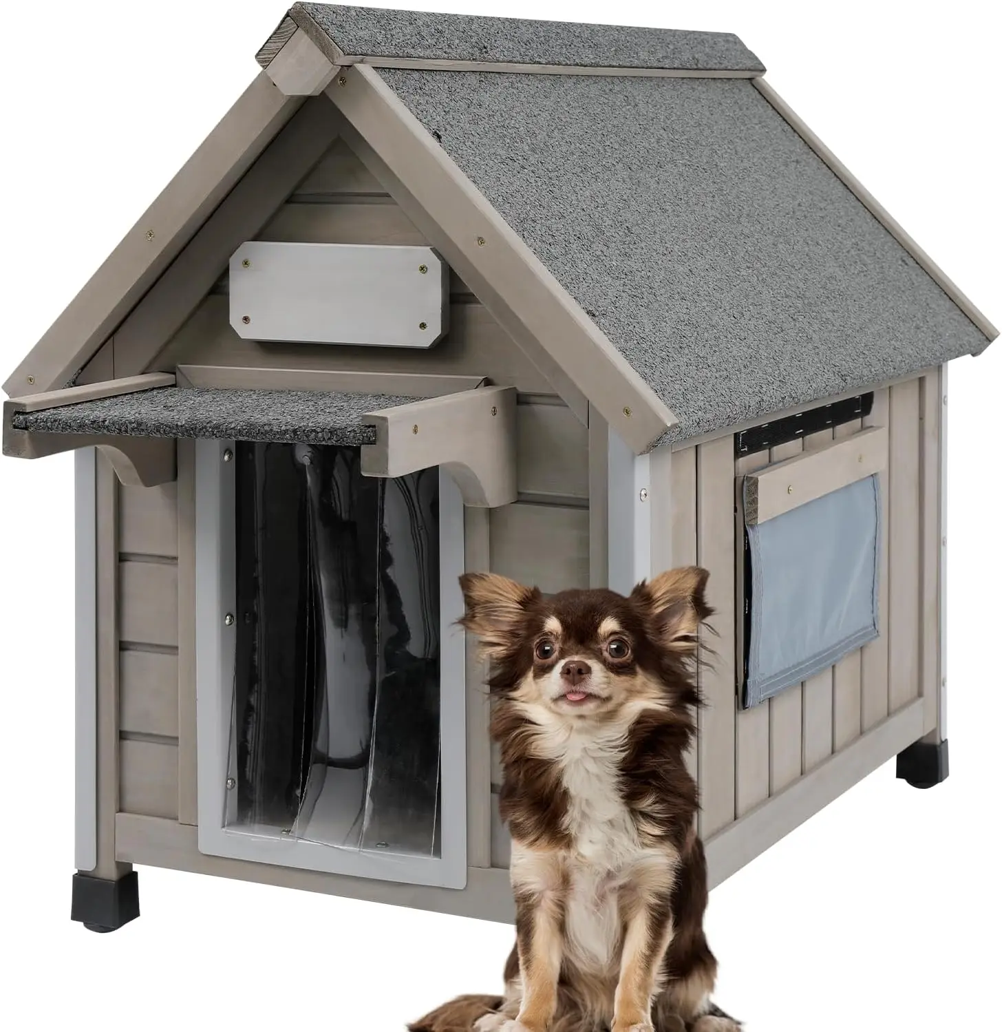 Wooden Outdoor Dog House for Small Dogs with Sloped Asphalt Roof, PVC Door Flap, Adjustable Ventilation Window, Raised Floor & Custom Nameplate