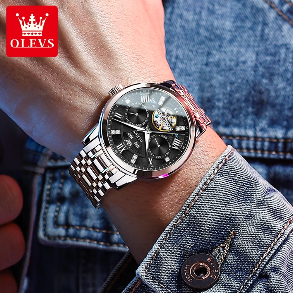 OLEVS 6701 رجل ساعة أوتوماتيكية هيكل عظمي مجوف ساعة ميكانيكية للرجال صلابة عالية مرآة العلامة التجارية الأعلى تاريخ الساعات مقاوم للماء