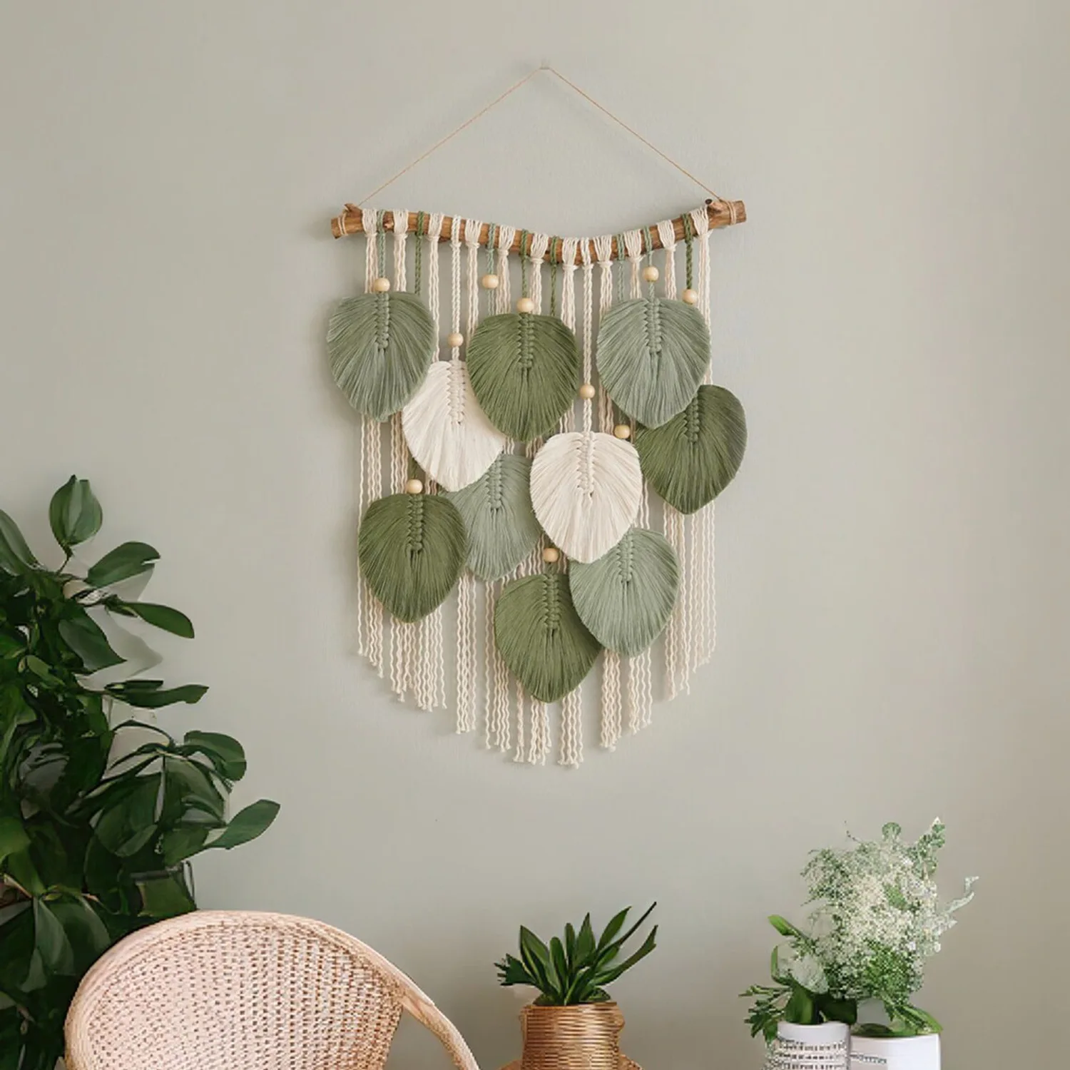 New Bohemian Leaf Pattern Wall Hanging Tapestry Handheld Rod Nursery Bedroom Wall Decor Cotton Fabric Leaf Design Wall Tapestry