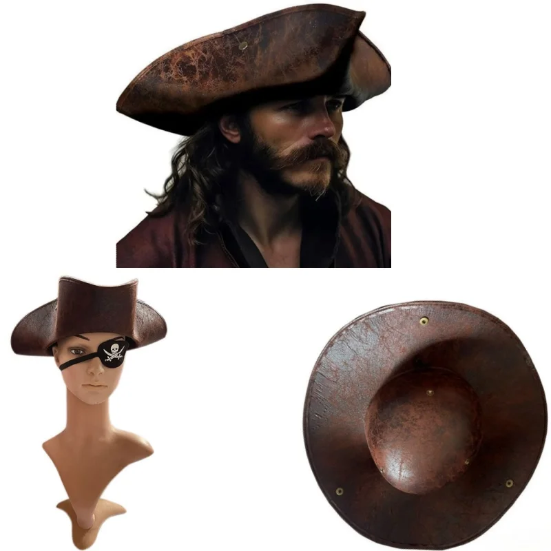 

Пиратская шляпа Коричневая искусственная кожа для взрослых Хэллоуин Косплей Треугольная шляпа Готический костюм Аксессуар Пиратский костюм Необычная одежда