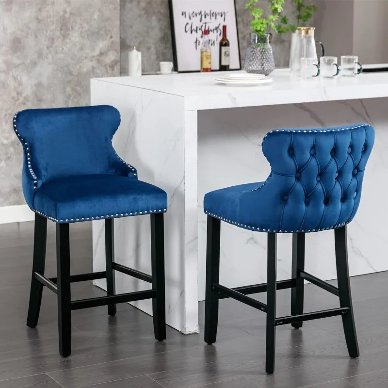 Counter Height Bar Stools Set of 2, Velvet Upholstered Barstools with Solid Wood Legs, Button Tufted and Nailheads Trim