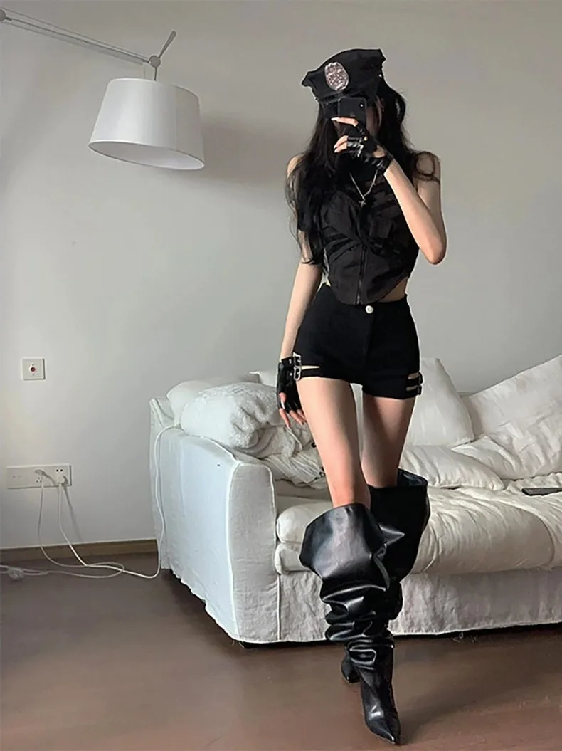 Damen High-Waist Stretch Bodycon Hot Shorts im Punk-Biker-Stil, Spicy Girl Bühnenoutfit, Pole Dance Jazz Dance Performance Short P – Detail 4