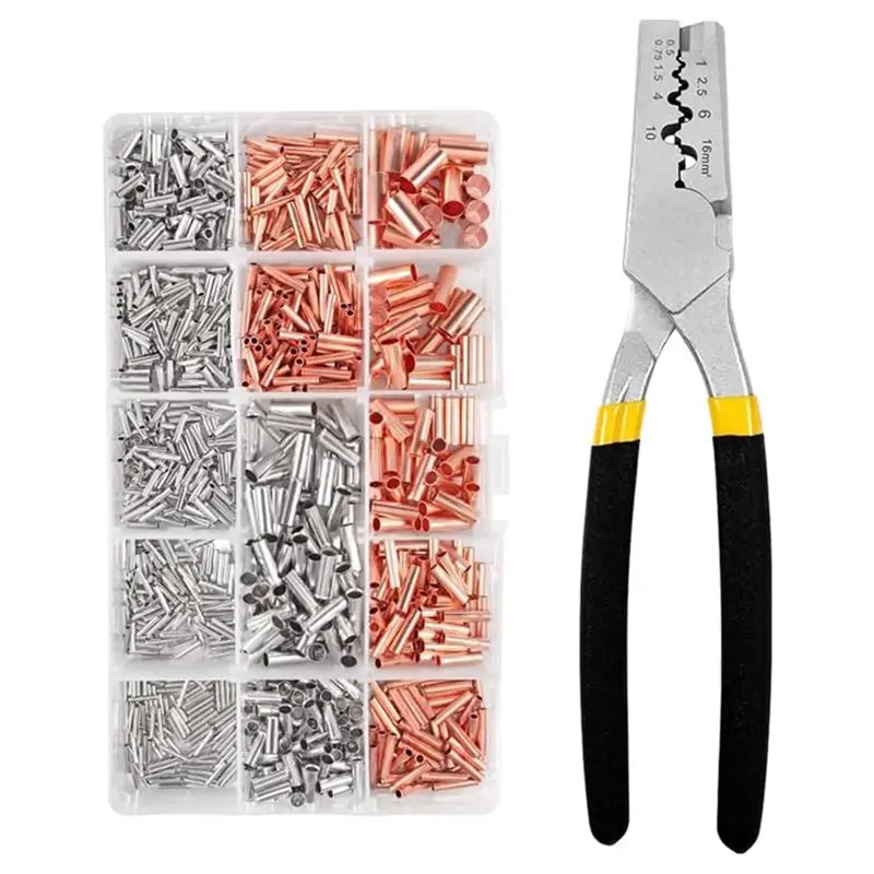 ABAE-970 Pcs Copper Connecting Pipe Wire Joint Bootlace Heat Shrink Tube Plier Tool Ferrule Terminal Cable Lug Kit