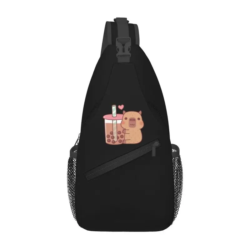 

Custom Cute Little Capybara Hugs Bubble Tea Crossbody Sling Backpack Men Shoulder Chest Bag for Travel Cycling