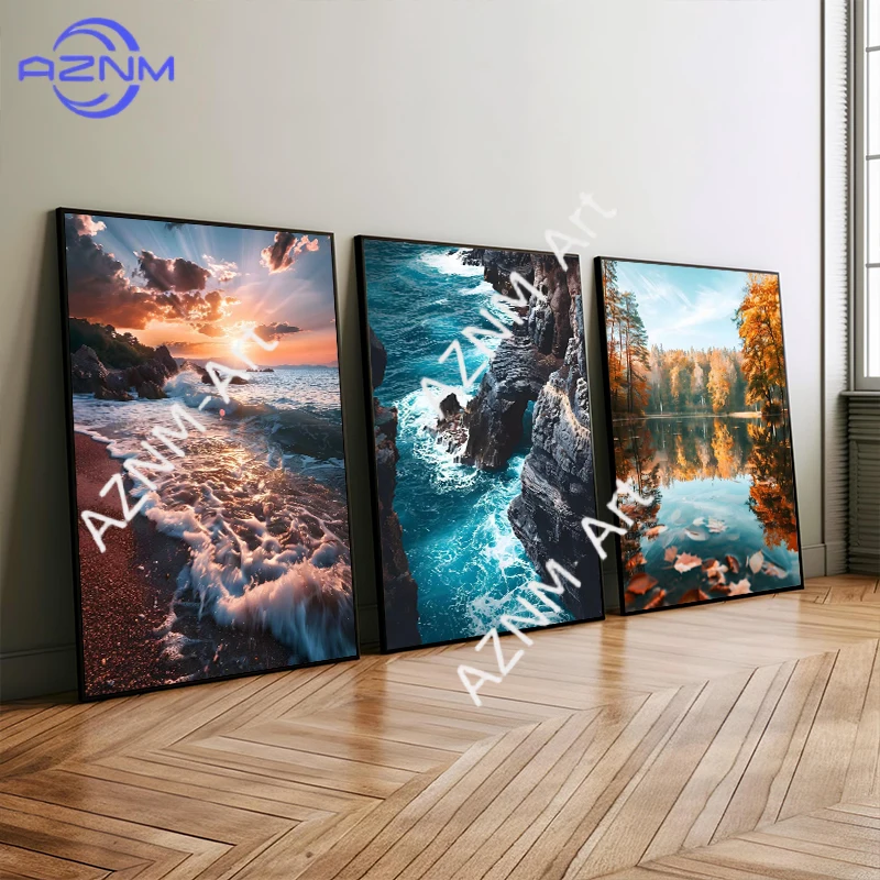 Weltliche Naturlandschaft Meeres-, Berg- und Fluss-Poster Leinwandgemälde Wandkunst Landschaftsbilder Wohnzimmer Heimdekoration