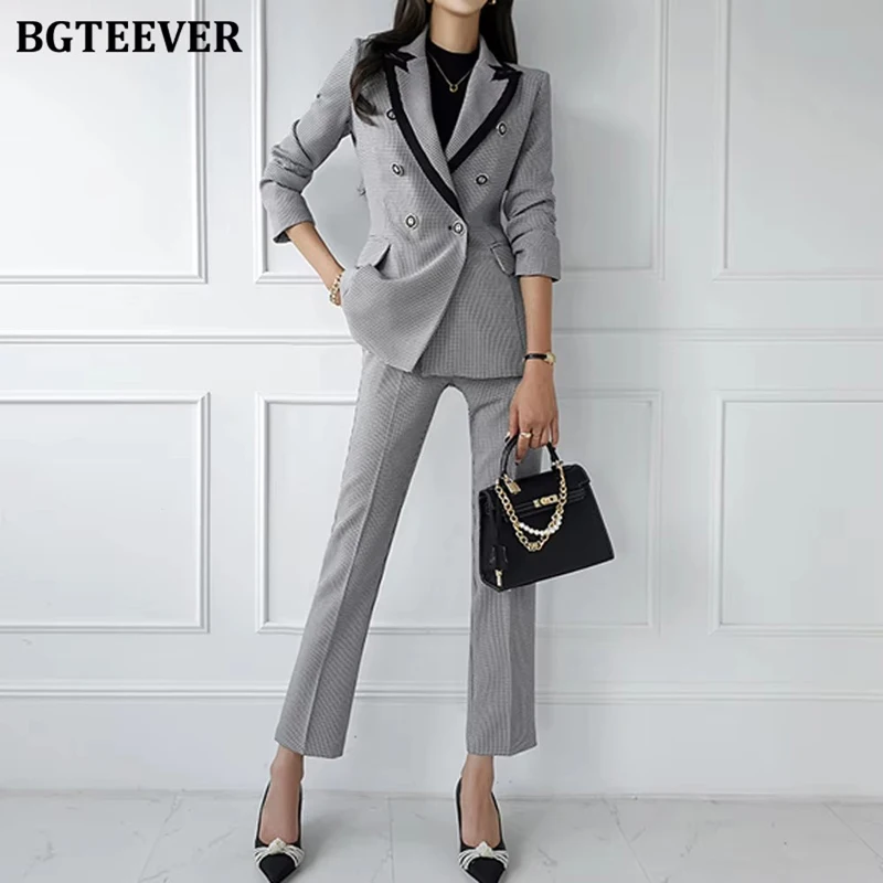 

BGTEEVER Elegant Plaid Trousers Suits Women Double Breasted Slim Blazer & High Waist Pencil Pants 2 Pieces Pants Suits Female