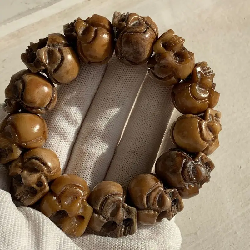 Old material carved skull , deer antler Zhituo Lin Buddhist beads men's bracelet