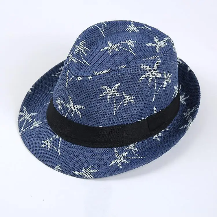 Sunshade Straw Hat Couple Breathable Mesh Beach Sun Hat Coconut Tree Pattern Men\'s and Women\'s Sunscreen Korean Jazz Gift Hat