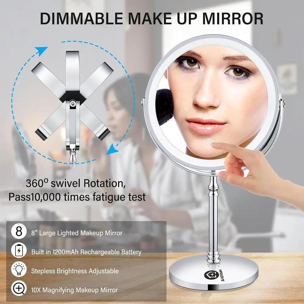 Miroir de maquillage Double face 10X LED avec luminosité réglable, miroir de courtoisie sans fil rechargeable