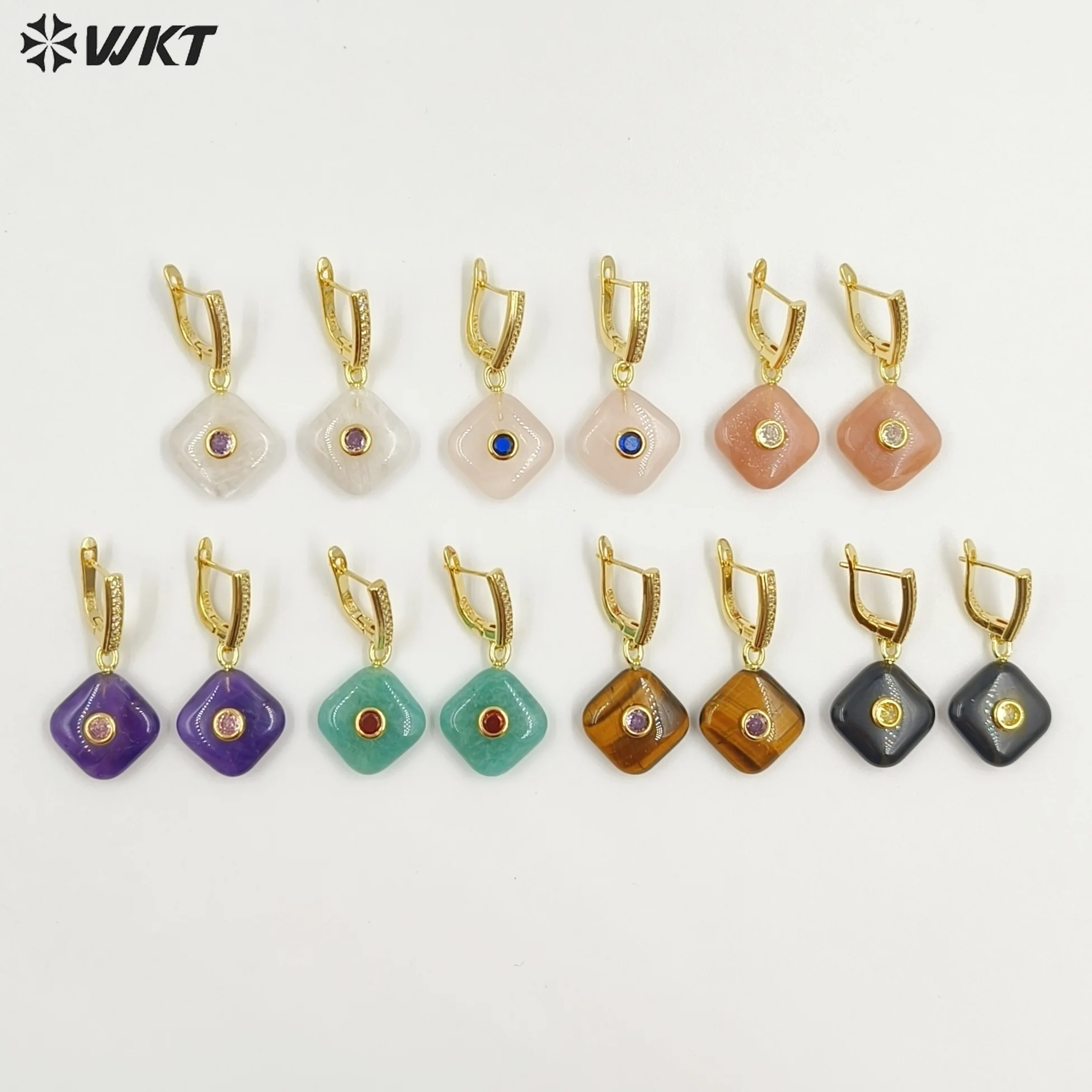 

WT-E797 Vintage Vibe Geometric Square Shape Gemstone&Zircon Paved Mid-Length Ear Buckle Type Colored Daily Earrings