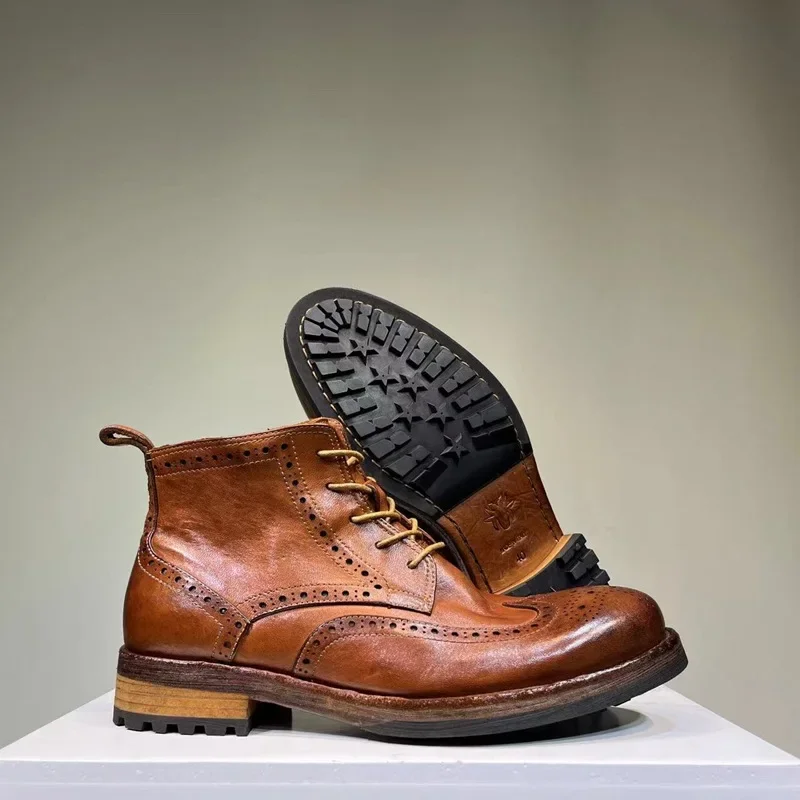 Men's Horse Leather Vintage Wash Water Old Leather Boots Handmade Goodyear- Men's Short Boots Lace Up Round Head Men