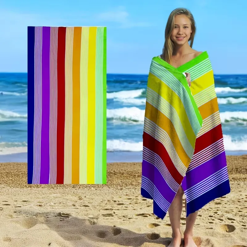 Rainbow Stripe Beach Towel Vibrant Dopamine Color Block for Summer Festivals Quick-Dry Microfiber Towel for Camping Seaside