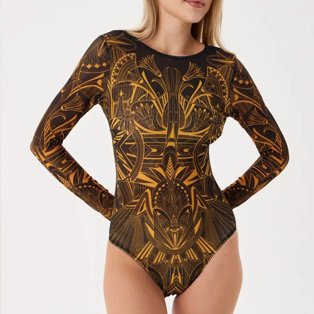 Women's Retro Print Scoop Neck Padded Long Sleeve One Piece Swimsuits High Cut Bathing Suits Swimwear Bodysuit