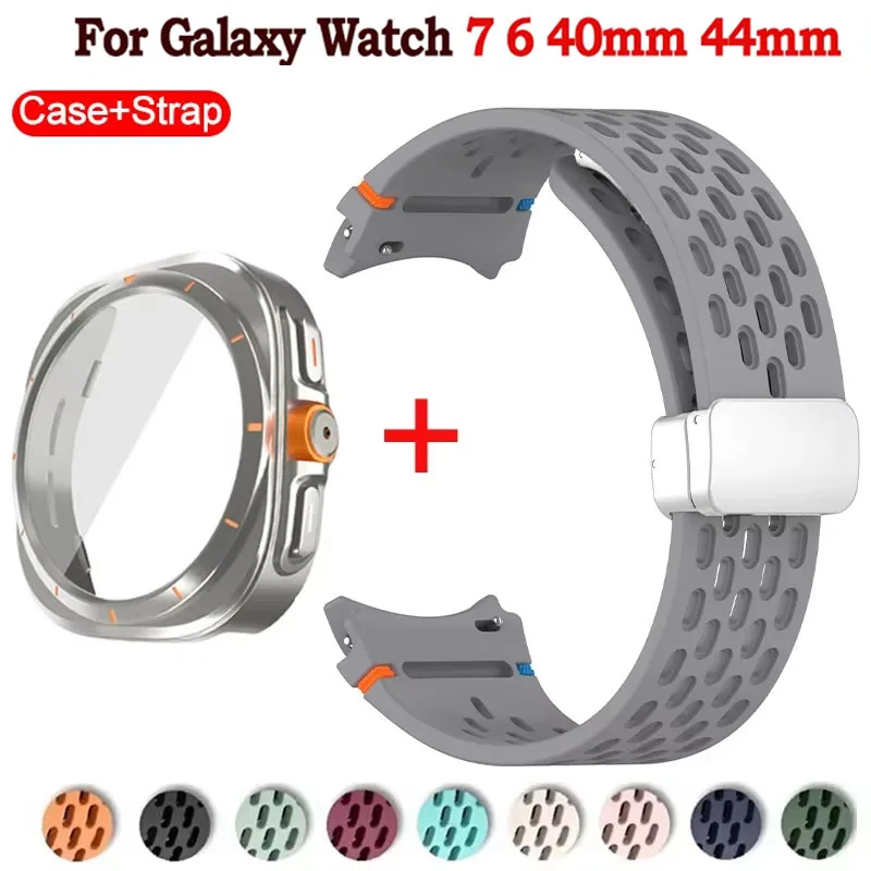 

Для Samsung Galaxy Watch 7 6 40 мм 44 мм силиконовый ремешок с магнитной пряжкой + измененный чехол из закаленного стекла, полный защитный чехол-бампер