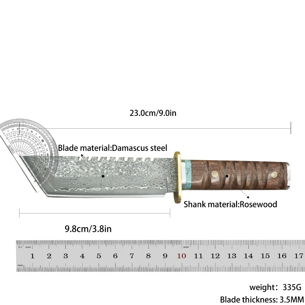 النمط الياباني تانتو دمشق بليد خشب الورد مقابض سكين الصيد ، التخييم EDC أدوات يدوية الدفاع عن النفس في الهواء الطلق بقاء السكاكين