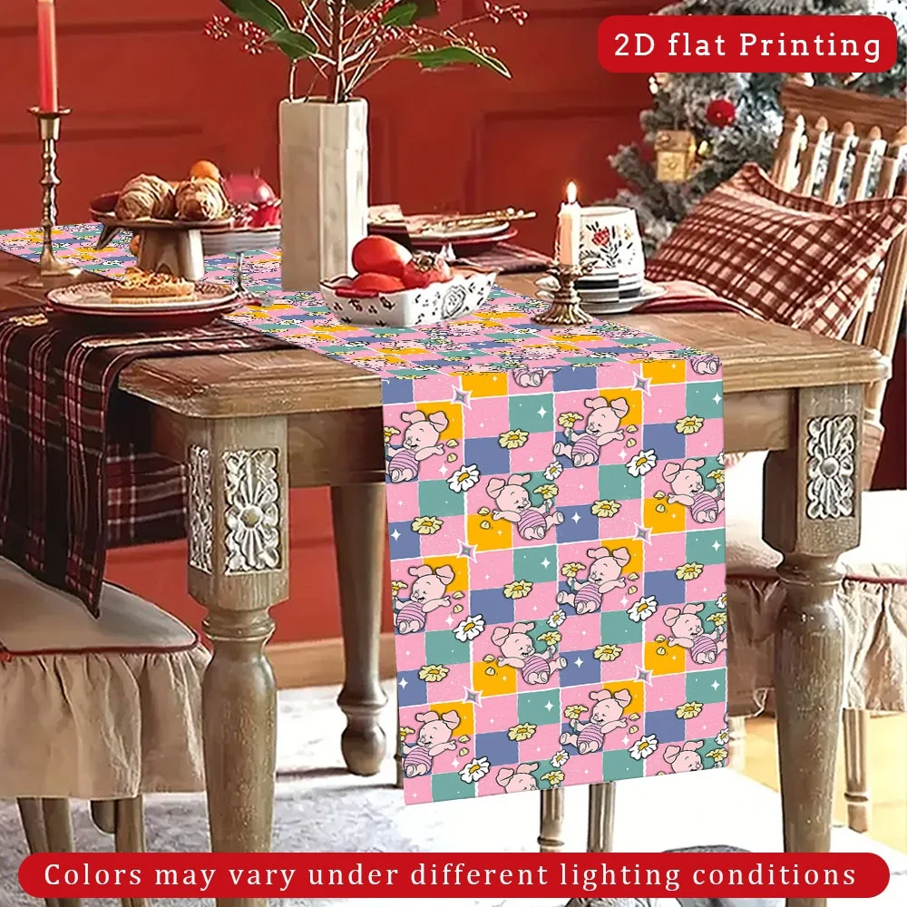 1 Piece of Piglet-Themed Table Runner, Colorful Plaid with Piglet and Daisies, Suitable for Children's Rooms, Disney-Themed Parties, Etc
