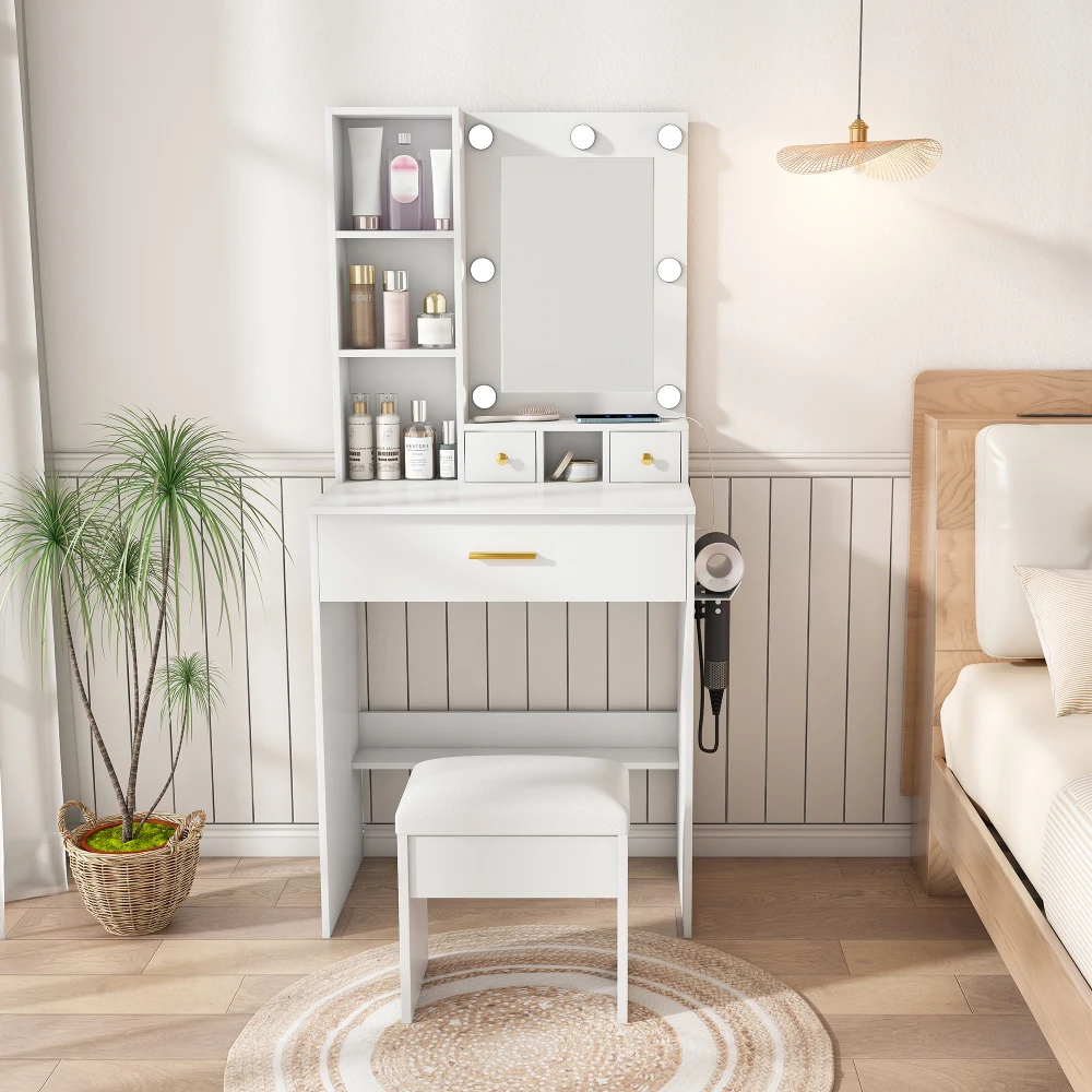 Juego de tocador pequeño con espejo y luz LED ajustable, toma de corriente, soporte para secador de pelo y taburete acolchado - Tocador con cajones y estante, B60/H131.5/T38cm