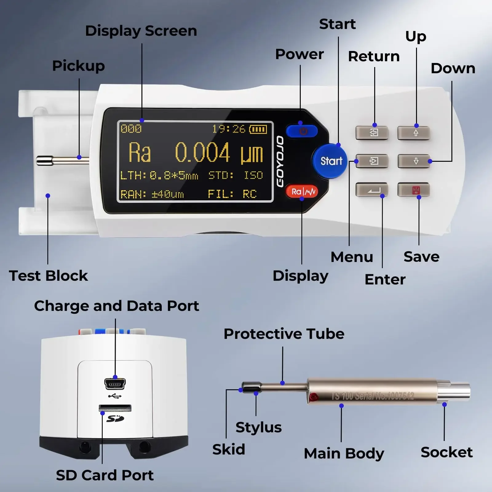 Digital Surface Roughness Tester Meter with LCD Display Handheld Measuring Instrument TR200