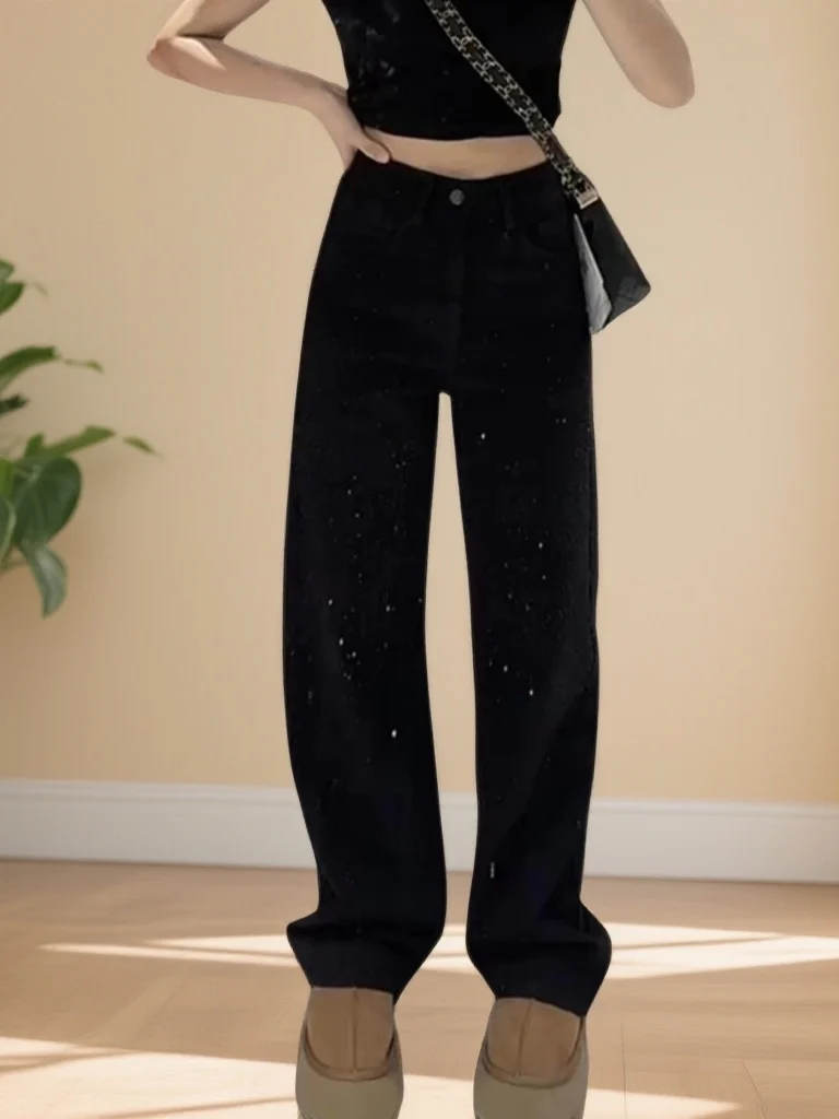 

Модные ретро со стразами, широкие брюки с высокой талией, утягивающие прямые джинсы, женские повседневные джинсовые брюки с высокой талией и блестками