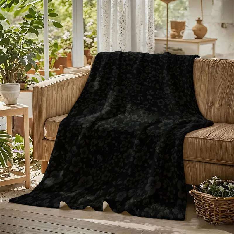 Dark Tone Subtle Floral Flannel Blanket Warm Soft Halloween Christmas Decorative Couch Warm Cozy All-Season Gift