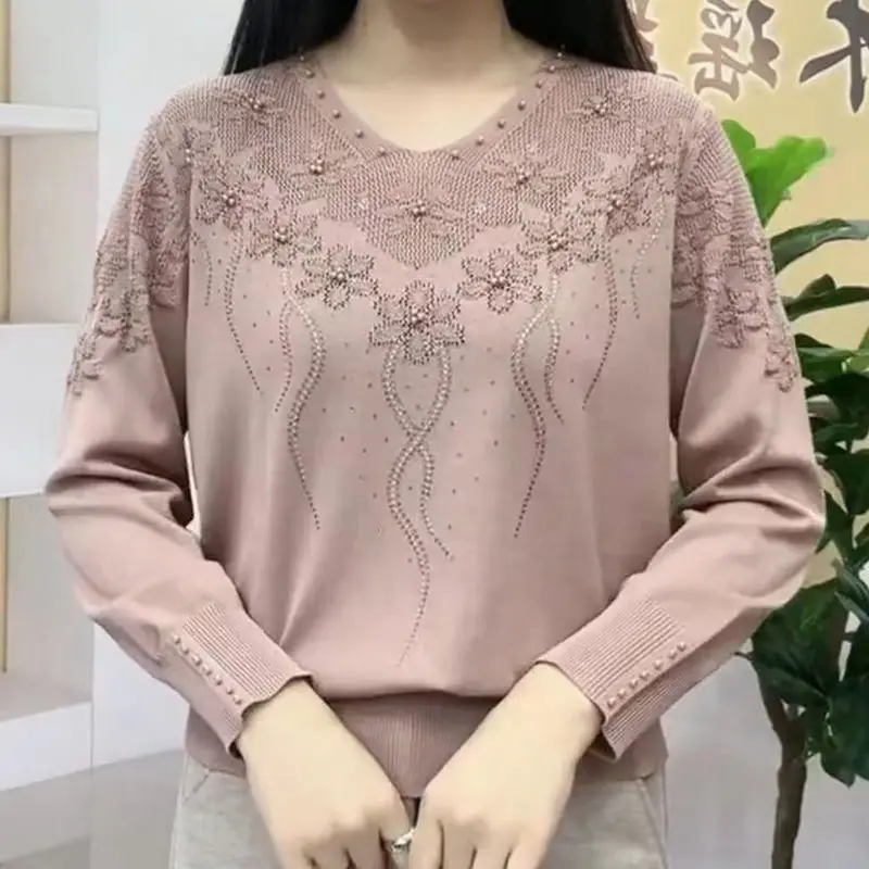 Women Stylish Rhinestone Beaded Hollow Knitted Sweater Elegant V Neck Long Sleeve Loose Pullover Tops Casual Solid Basic Jumpers