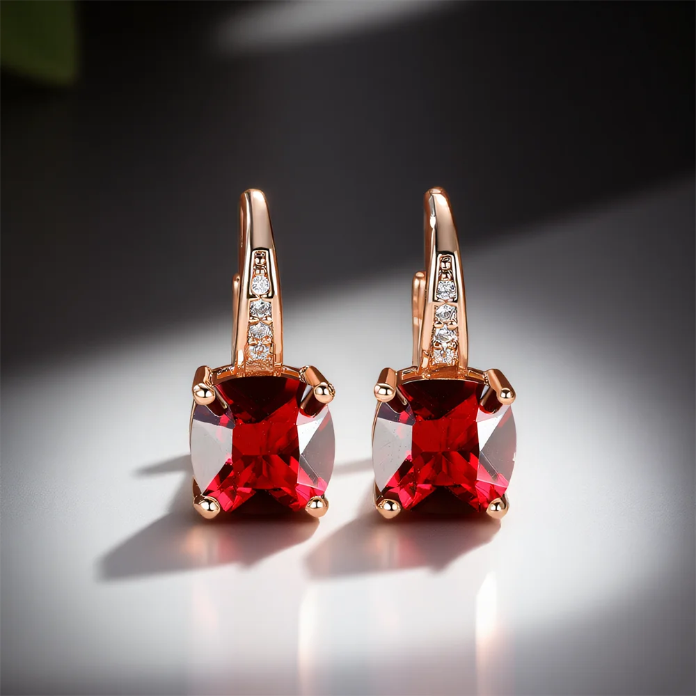 Pendientes de aro pequeños de piedra cuadrada de circón de cristal rojo para mujer, hebilla de oreja de Color oro rosa Vintage, joyería de boda, regalos versátiles