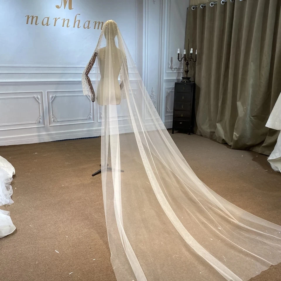 럭셔리 긴 신부 베일 화이트 아이보리 샴페인 아플리케 빛나는 웨딩 베일 우아한 대성당 길이 웨딩 액세서리