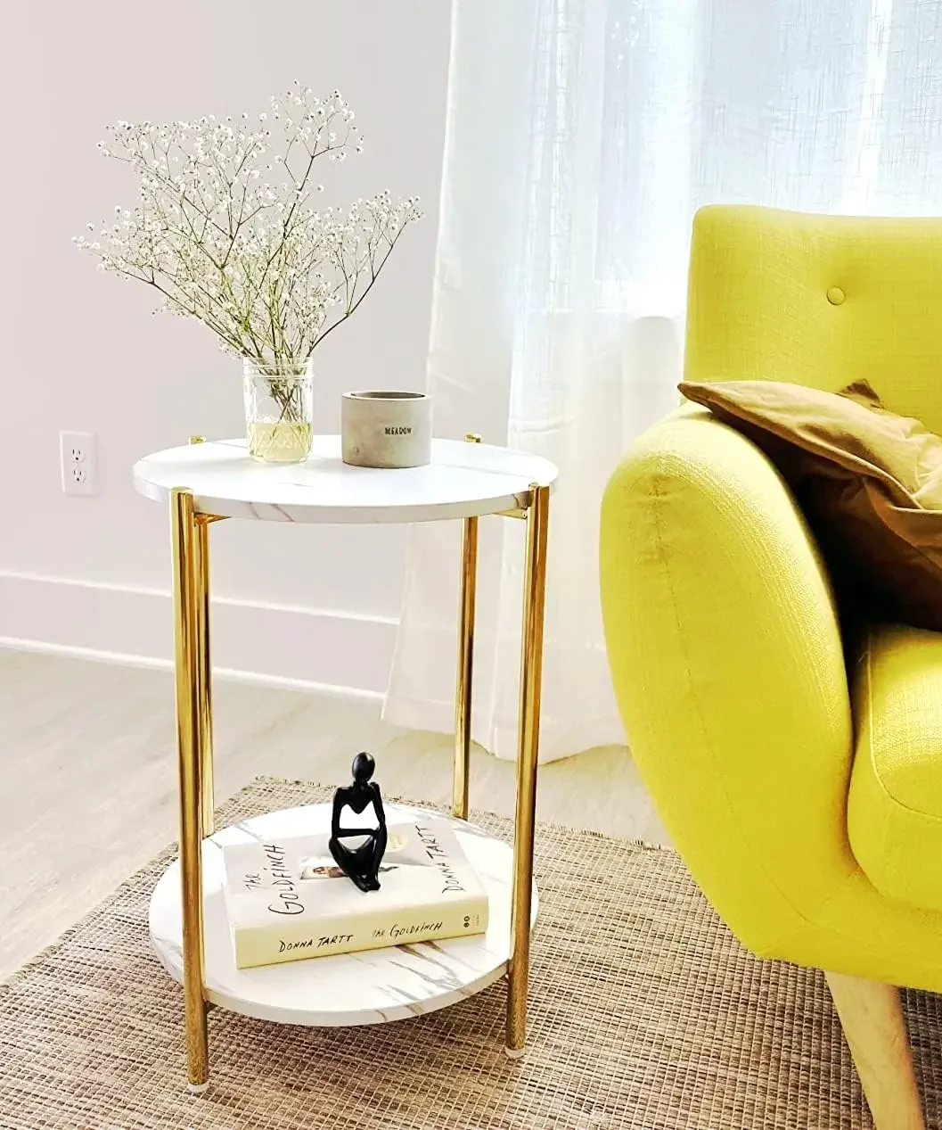

Gold End Table Faux Marble Side Table Small Round Nightstand for Living Room or Bedroom Modern Accent Table with Gold Metal