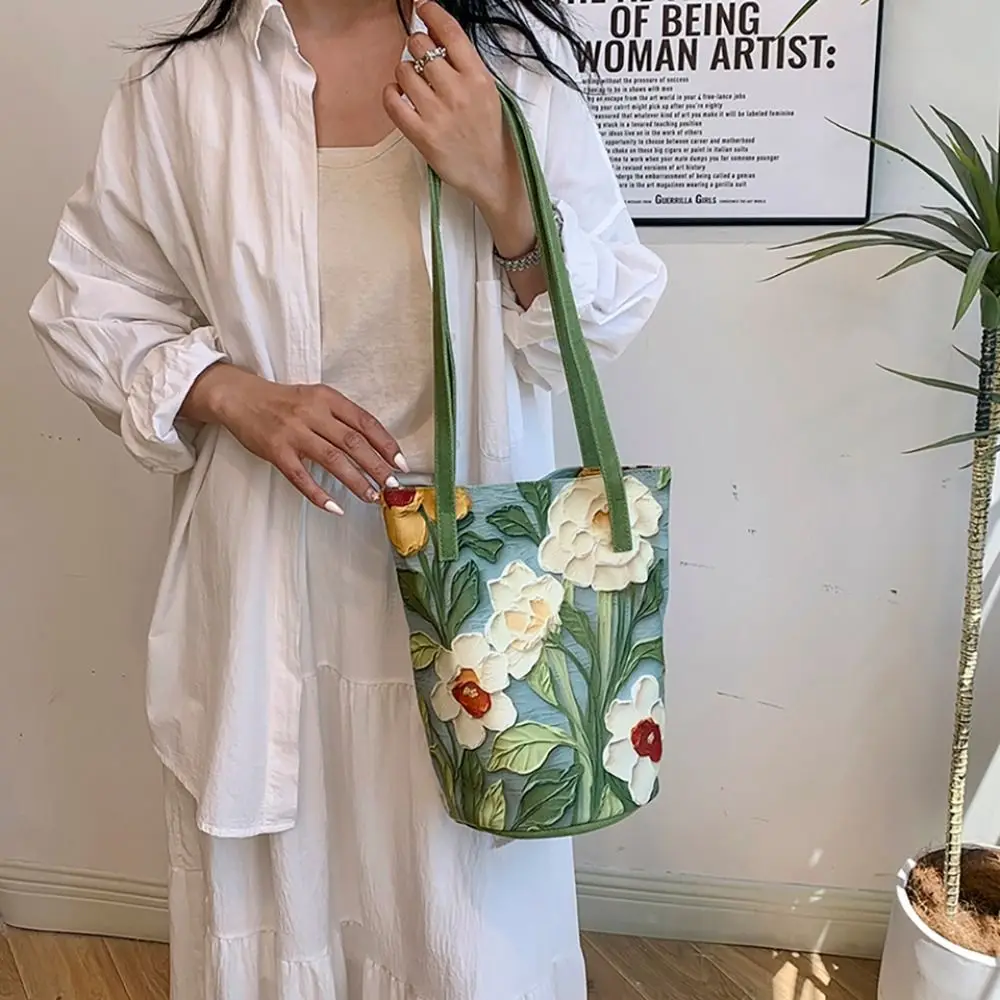 New Floral Pattern Bucket Bag Canvas Large Capacity Shoulder Bag Creative Casual Handbag for Women