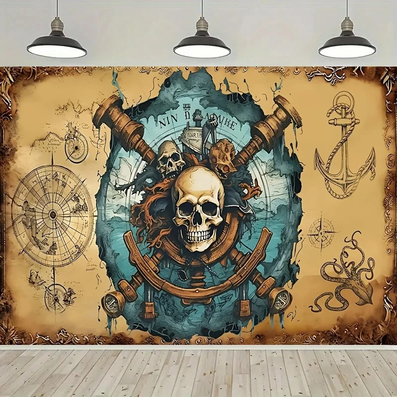 Pirate Adventure Treasure Map Navigation Theme Banner Background, Children's Birthday Party Home Decoration Photography Backdrop