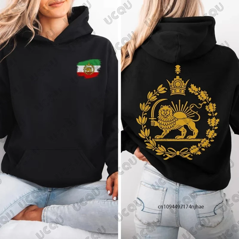 Baumwoll-Hoodies mit Löwen- und Sonnen-Print aus Iran für Damen, Frühling, persische Flagge, Grafik, Shir-o-Khorshid-Emblem, Pullover, lässige Oberteile für Paare