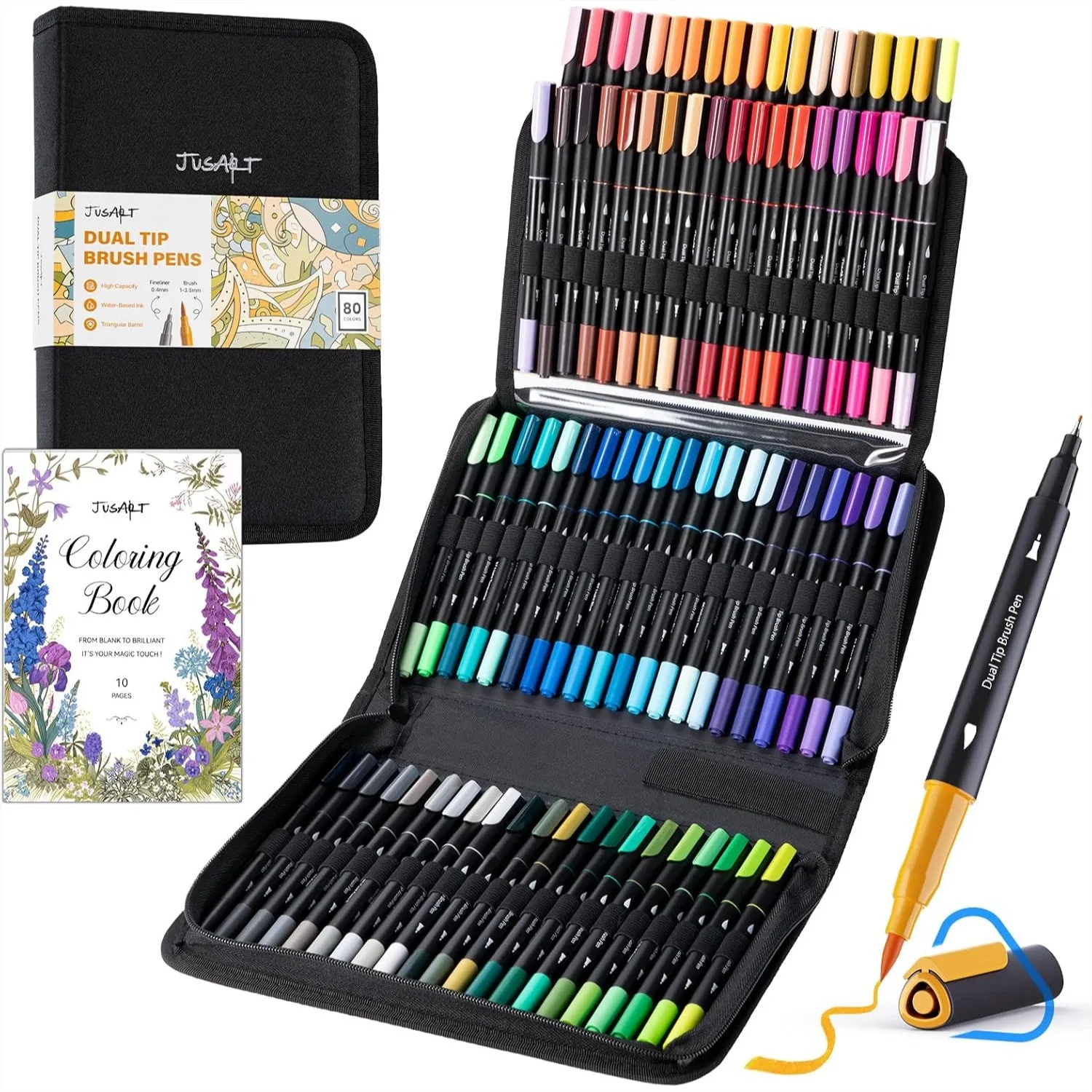 

80 Colors Dual Tip Markers for Adult Coloring Books No Bleeding, Fine & Brush Pens with Ergonomic Triangle Grip, Water-Based Art