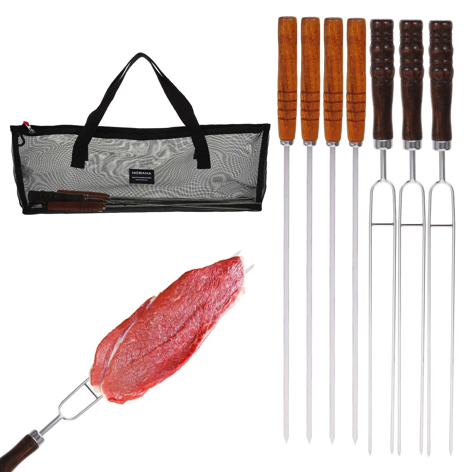 

BBQ Fork Steel Grilling Sticks Metal Skewers Skewers Kebab Sticks Wood Handle Reusable BBQ Metal Grilling Tools