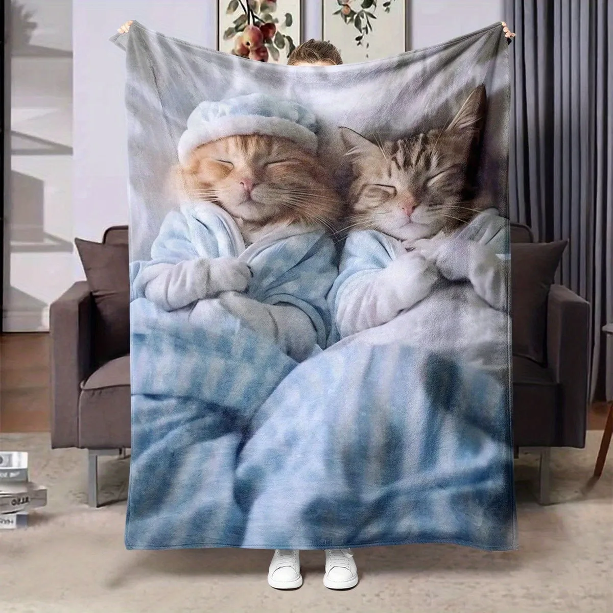 

Спальные котята и клетчатое одеяло с узором из флиса, милый животный стиль, мягкий теплый чехол, украшение интерьера, постельное белье 60x80
