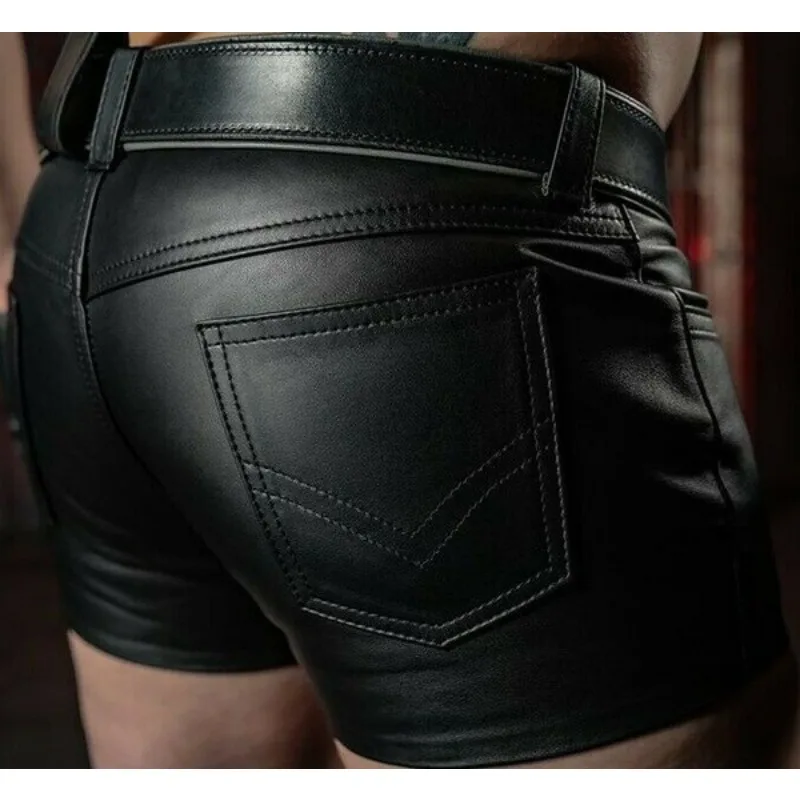 Mens Summer Sex Black Leather Shorts Mens Casual Skinny Motorcycle Riding PU Leather Shorts Street Boxer club Punk Short Pants