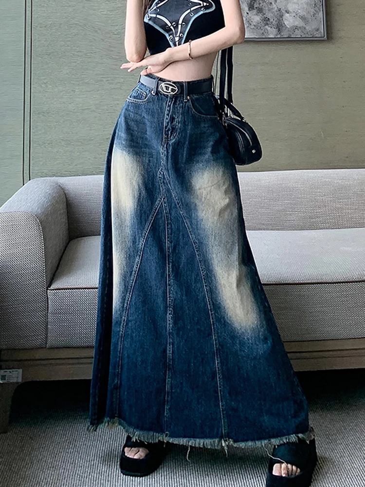 

Retro Denim Skirt Mid length Fashion Fringed Women's Clothing Irregular A-line Umbrella Long Skirts Street Trendy Loose Slimming