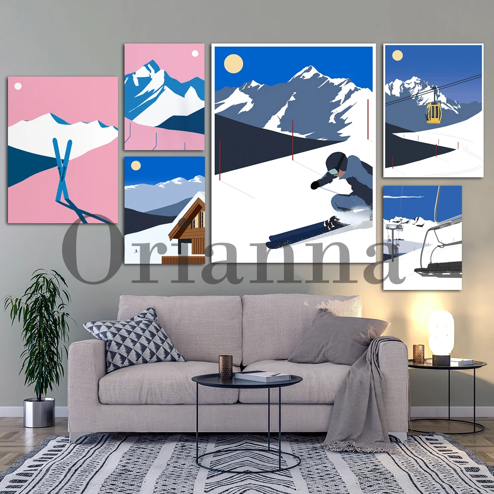 Winter Skiing Landscape Wall Art Poster Ski Lifts In The Mountains Fine Art Print Skiier Home Decor Modern Living Room Cuadros